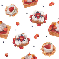Seamless pattern with watercolor hand painted sweet and delicious pastries with strawberries, blueberries and other berries. Hand painted fruit dessert background. Ideal for wrapping paper, postcards