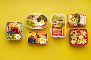 School lunchboxes with various healthy nutritious meals