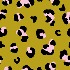 Simple trend pattern. Black ,pink leopard spots. Mustard background. Vector texture. Elegant fashion print for Wallpaper.