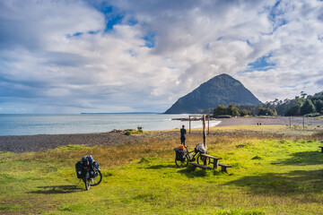 Bike tour at Santa Barbara beach by the Carretera Austral at Patagonia, Chile.