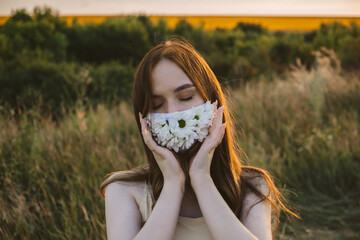 New normal, lockdown, face mask. Outdoor portrait of woman in protective face Statement Masks with...