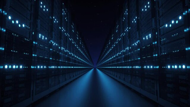A Conceptual vision of a Datacenter on the cloud. Cloud Computing. Data center at night sky background