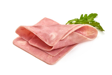 Boiled Ham Slices, close-up, isolated on a white background