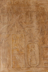 Ancient egyptian hieroglyphs carved on the stone wall