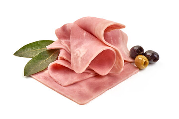 Boiled Ham Slices, close-up, isolated on a white background