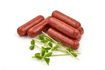 Smoked sausages, isolated on white background