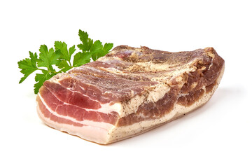 Homemade Chunks of salted bacon, isolated on white background