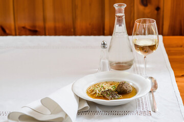 Beef soup with three layers - fries, liver dumplings, liver slices