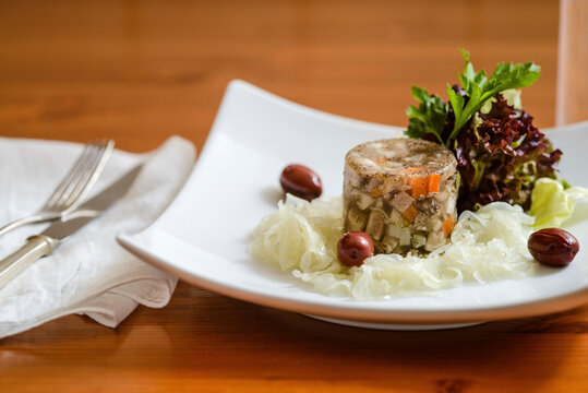 Meat and vegetables in aspic