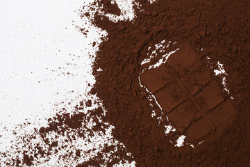 Cacao powder in chocolate bar shape on white in studio