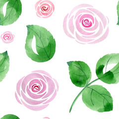 A seamless pattern of roses and leaves on white background