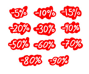 Discounts, sale. Percentages from five to ninety, freehand drawing style. Percentage -5, -10, -15, -20, -30, -40, -50, -60, -70, -80, -90.