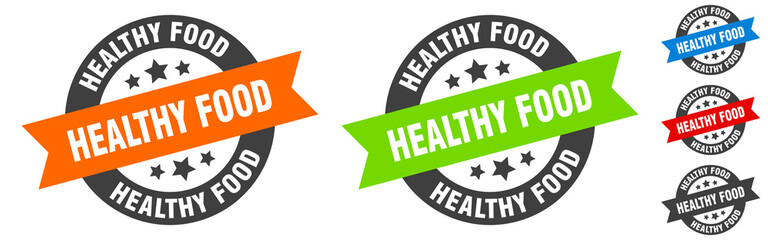 healthy food stamp. healthy food round ribbon sticker. tag