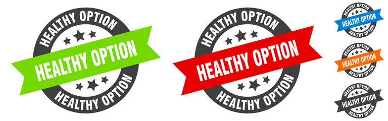 healthy option stamp. healthy option round ribbon sticker. tag