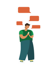 young modern guy with phone in his hands, around a speech bubble