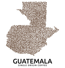 Shape of Guatemala map made of scattered coffee beans, country name below