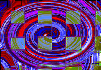 Remolino en rojo, azul, fucsia y blanco con composición de cubos superpuestos