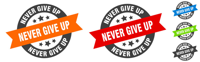 never give up stamp. never give up round ribbon sticker. tag