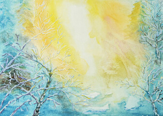 Obraz na płótnie Canvas Sunny winter background mixed media painting. Warm winter sun illuminating snow covered trees in forest