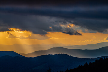 Dramatic sunset of the sharp ridges of the Blue ridge mountains