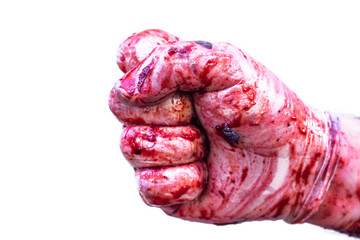 Hand in latex gloves with blood. The bloody hand isolated on white background. Social violence and...