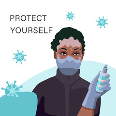 Vitiligo woman in mask with antiseptic spray on white backdrop. Protect yourself text poster for social banner or propaganda, hygiene promotion, medical poster. Flat style stock vector illustration