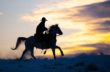 horse and rider cowboy silhouette at sunset western rider in western tack against red orange sky