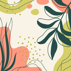 Naklejka premium Background with organic shapes, leaves, branch and plants. Abstract natural elements in trendy doodle style for business, holiday. Modern trendy vector graphic, template, greeting card, frame