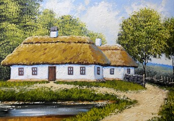 Fototapeta na wymiar Oil paintings rural landscape, old village, traditional ukrainian village house