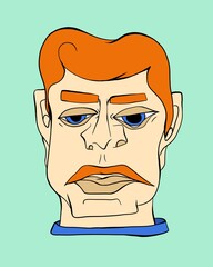 Human avatar icon illustration portrait. Surreal abstract art drawing. People with orange hair isolated on background. Cartoon, doodle simple template  Man head with mustache 