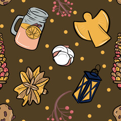 christmas pattern with homemade warm drink and cookies
