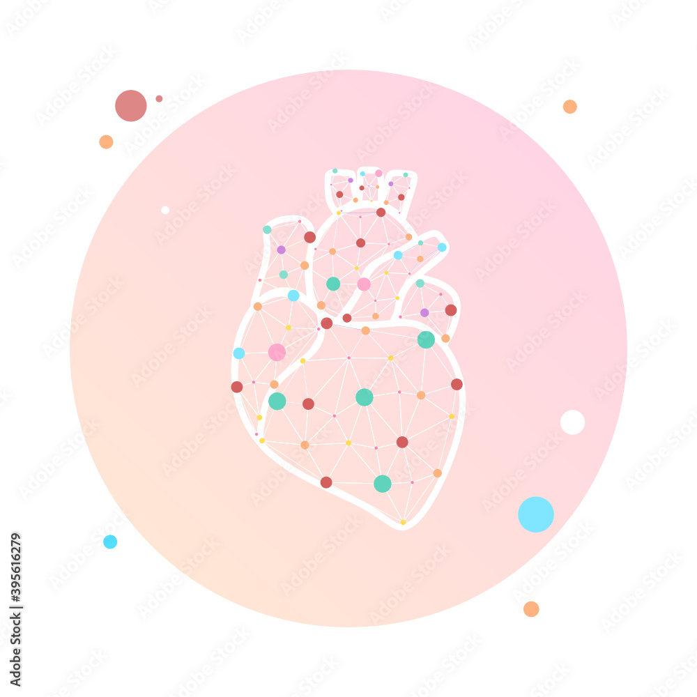Poster healthy heart beats link connected model in circle icon. triangle connected dots point. pulse intern