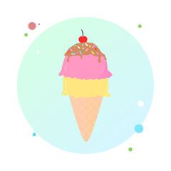 Vector illustration of ice cream cone in circle icon. Ice cream cone flat style in round shaped icon. Ice cream design for poster. Sweet dessert pastry.