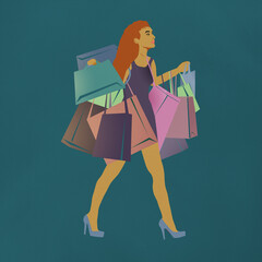 Ilustracja sylwetka młoda kobieta wracająca z zakupów niosąca dużo toreb - obrazy, fototapety, plakaty