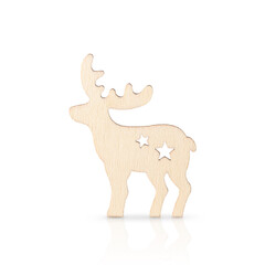 Wooden Christmas reindeer with holes in the form of stars. Isolated on white background with soft...