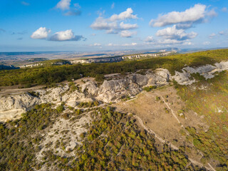 Fototapeta na wymiar Aerial view to beautiful mountain landscape near the cave city Eski-Kermen, Crimea