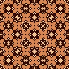 Christmas abstract pattern. Vector seamless pattern with chocolate cookies and snowflakes on a beige background. Geometric simple festive texture. Mosaic plaid. Vector illustration for Holidays.