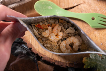 Freeze-dried food in a bag. Dried peeled shrimp.