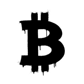 Sprayed bitcoin icon with overspray in black over white. Graffiti vector illustration.