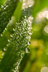 Macro close up on blades of grass catching light in morning dew at sunrise, bokeh effect visible in droplets of water	
