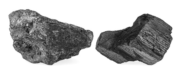 Two coal pieces isolated on a white background. Hard coal and charcoal.