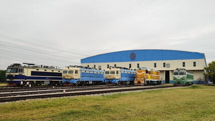 Fototapeta premium Beijing: China Railway Museum. Old Chinese trains on rails