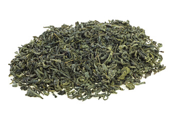 Heap of japanese green tea isolated on a white background. Dried green tea leaves.