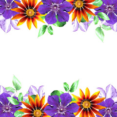 Beautiful flower frame made of clematis and gazania. Isolated