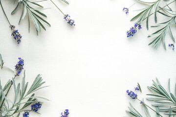 lilac flowers and lavender greens arranged on a white background . Flat lay. Top view. copy space 