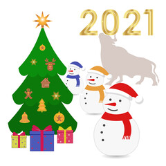 Christmas tree for New Year holiday and snowmen, vector illustration