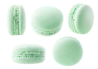 Isolated green macaron collection. Mint or pistachio macaroons at different angles isolated on...