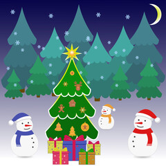 Christmas tree for New Year's holiday and snowmen on a forest background, vector illustration