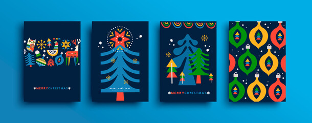 Merry Christmas folk pine tree cartoon card set