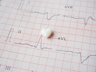 White heart-shaped tablet on paper ECG results as background. Medical cardiological pill in the shape of a heart. The drug for restoring health. Medical and healthcare concept.